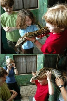 We stopped with Minor, who trains Serendipity guides in snake recognition and treatment. Garfield, a pet Boa, loves the attention from newfound friends.