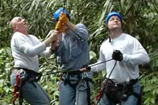 three men testing gear on guided Canyoning adventure in Costa Rica