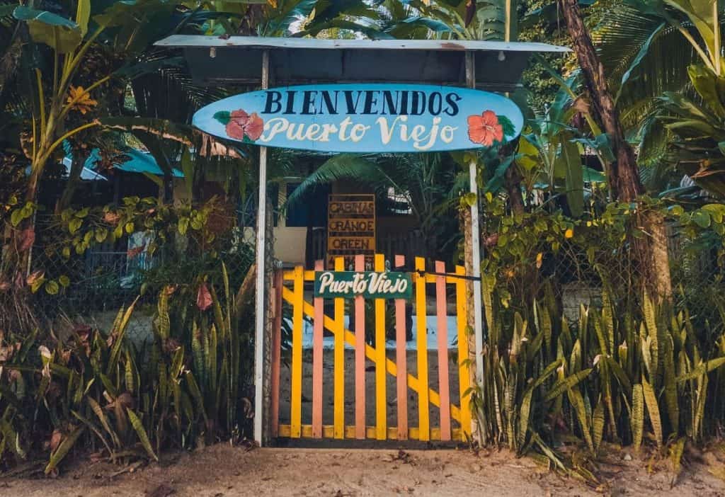 A colorful gate entrance to accommodation in Puerto Viejo in Costa Rica