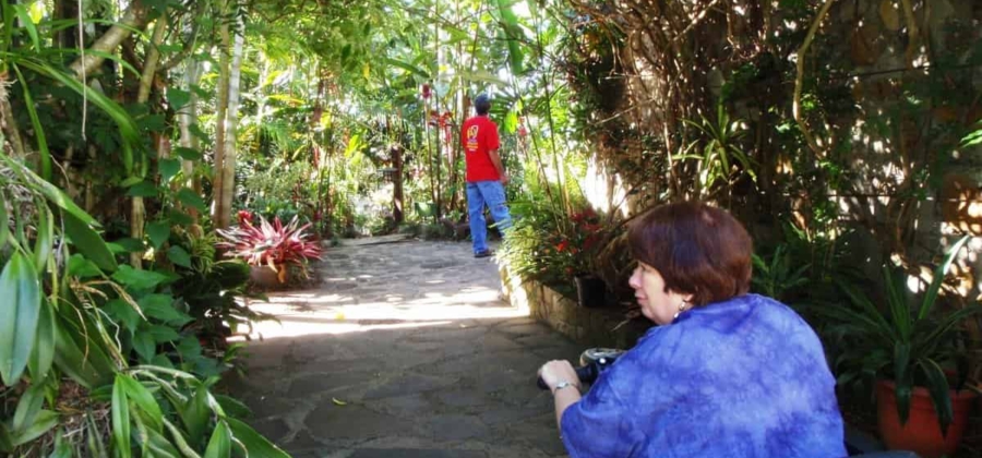 a disabled traveler using a scoot to visit gardens on an accessible adventure in Costa Rica