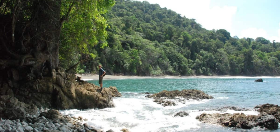 serendipity adventures client standing on a rocky point on the rainforested coastlined on an adventure in Costa Rica