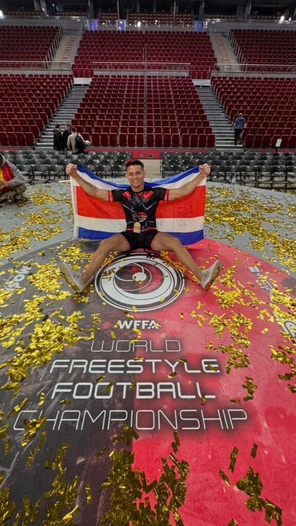 Dayronman celebrating his top eighth in the world placement at the World Freestyle Football Championships
